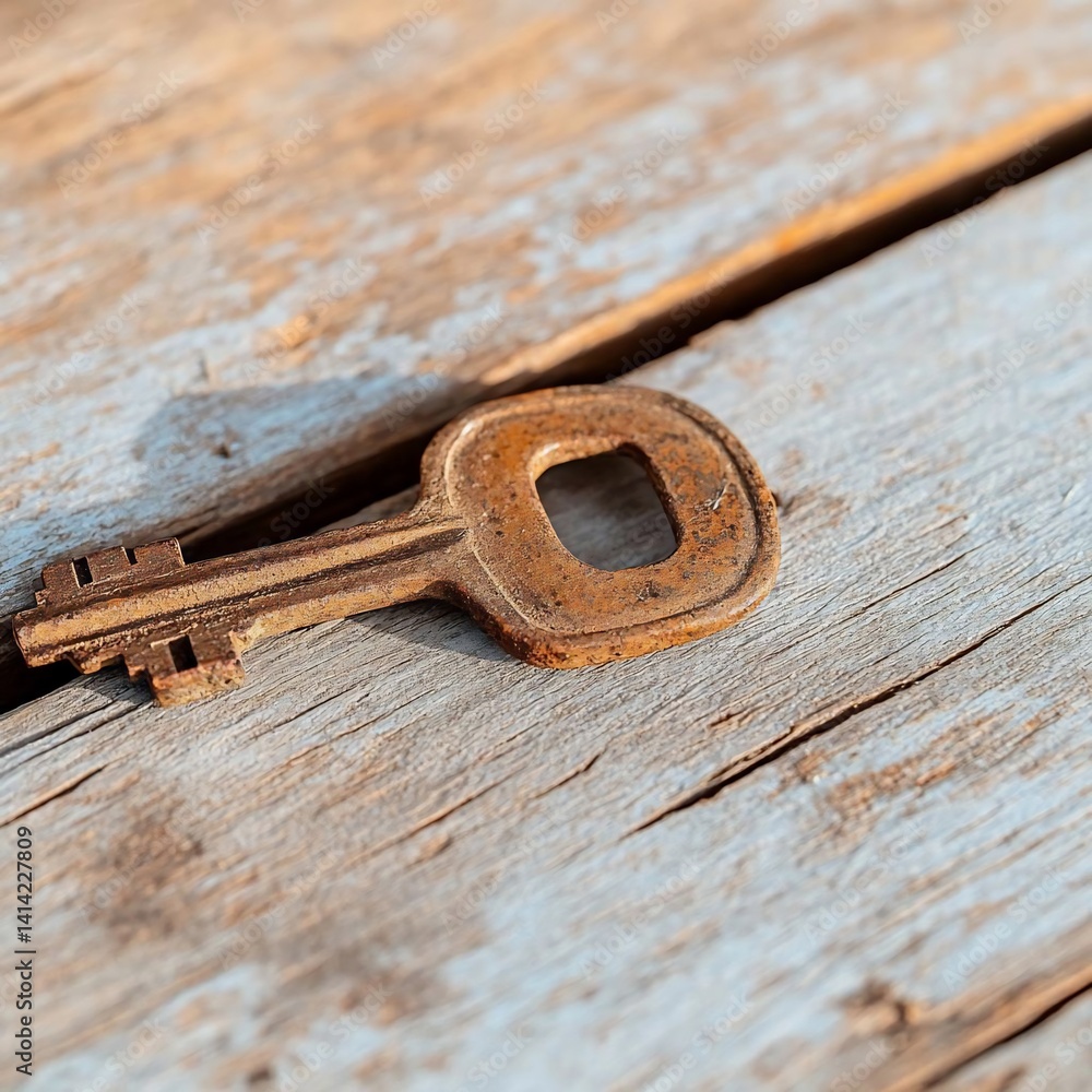 Poster Close up shot of an old rusty key resting on a weathered wooden surface creating a vintage aesthetic with warm tones and texture