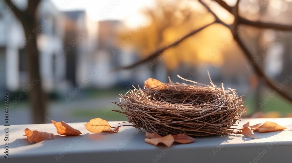 Poster an empty bird nest sits atop a railing against a blurred autumn backdrop with fallen leaves. golden 
