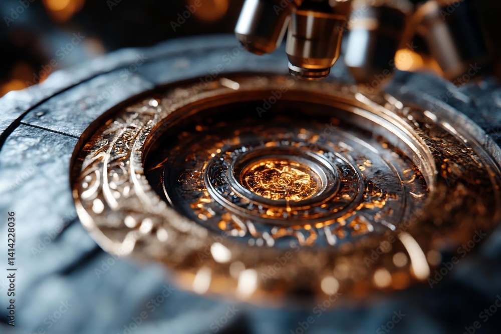 Poster Close up view of intricate golden mechanism with glowing core resting on weathered stone with detailed textures and a shallow depth of field enhancing the mechanical details