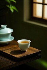 Fototapeta premium there is a cup of tea on a table next to a bowl of tea