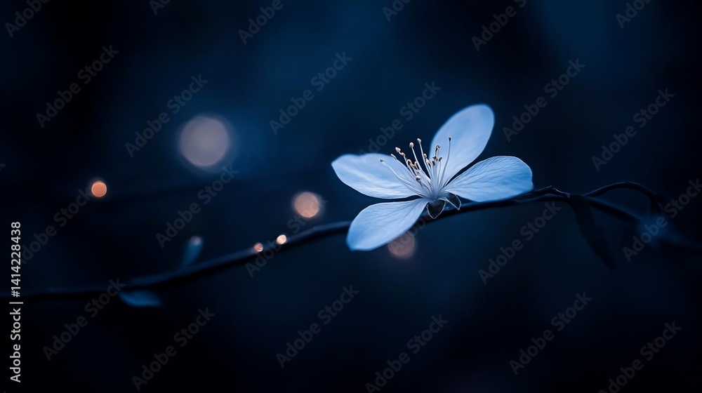 Poster a delicate white flower blossoms against a deep blue background with soft bokeh lights evoking a ser