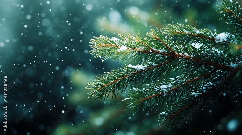 Aufkleber close-up shot of a snow-covered evergreen branch with blurred falling snowflakes against a teal back
