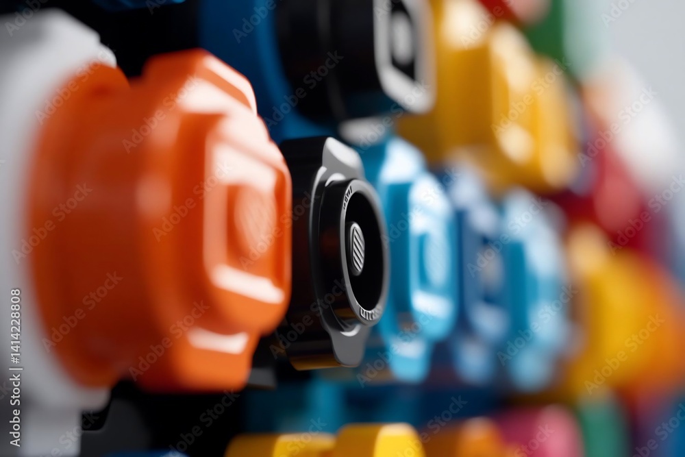 Aufkleber Close-up of a row of colorful plastic connectors with varying colors and shallow depth of field showcasing details