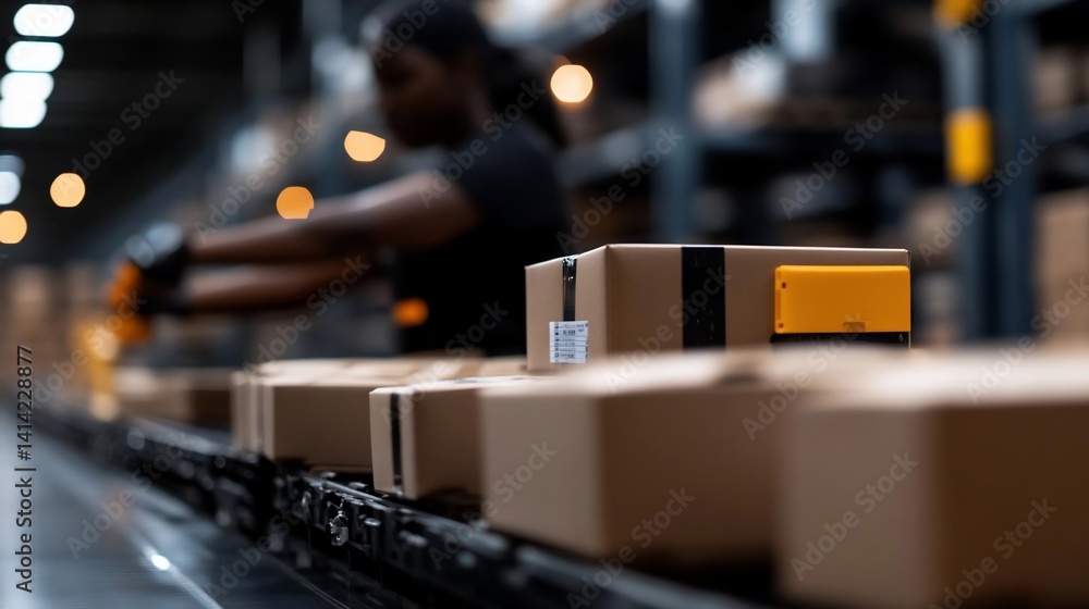 Poster Warehouse worker handling packages on a conveyor belt boxes in a distribution center with selective focus on the foreground boxes