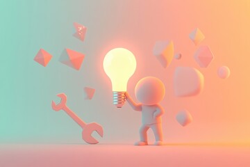 A 3D rendered image of a person holding a glowing lightbulb and a wrench, surrounded by geometric shapes, symbolizing innovation and problem-solving.