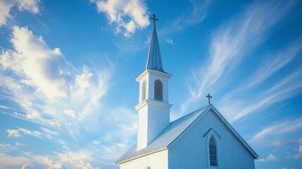 Fototapeta premium Charming White Church Under a Blue Sky with Wispy Clouds