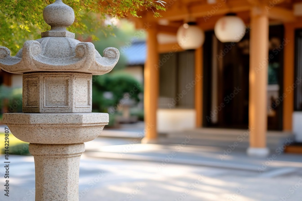 Aufkleber stone lantern in a japanese garden with traditional architecture and blurred background and soft lig