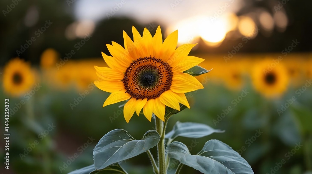 Poster vibrant yellow sunflower with dark center stands tall in field against a blurred background of other