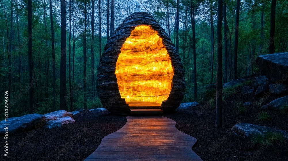 Poster a mesmerizing illuminated stone structure nestled in a tranquil forest setting at dusk, inviting exp