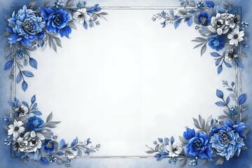 Regal-themed wedding invitation with deep royal blue and silver floral clusters in the corners