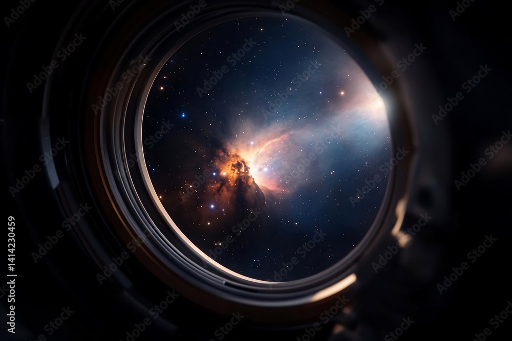 Poster view from a circular portal looking into a vibrant nebula filled with stars and glowing gases in spa