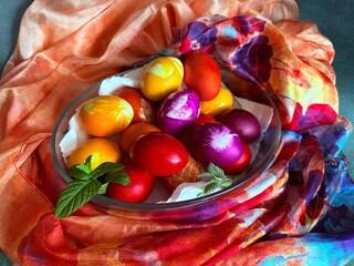 Colorful Easter eggs in a basket