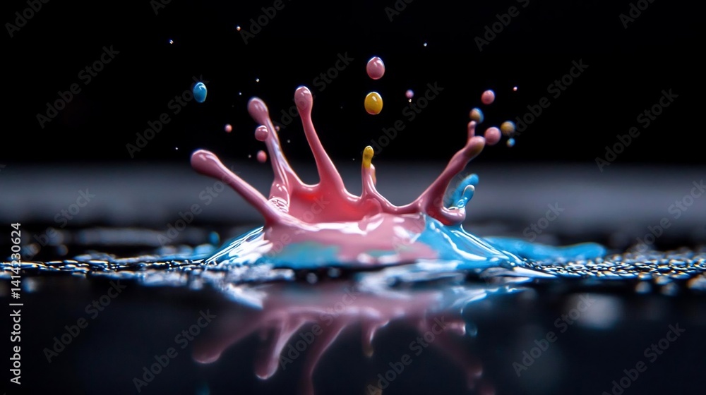 Poster Abstract splash of vibrant colored paint in liquid with detailed reflections on a dark background creating a dynamic composition