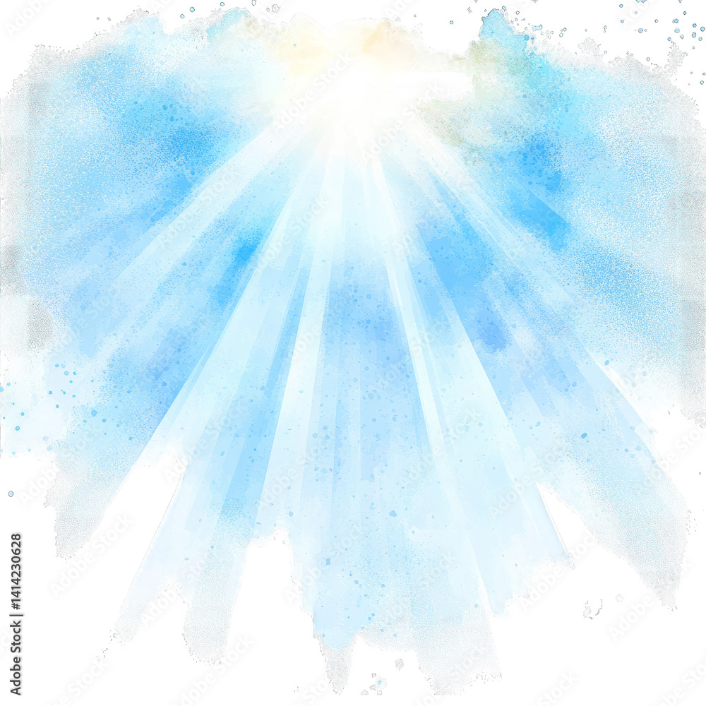 Poster an abstract watercolor illustration featuring soft blue tones and radiant light rays emanating from 
