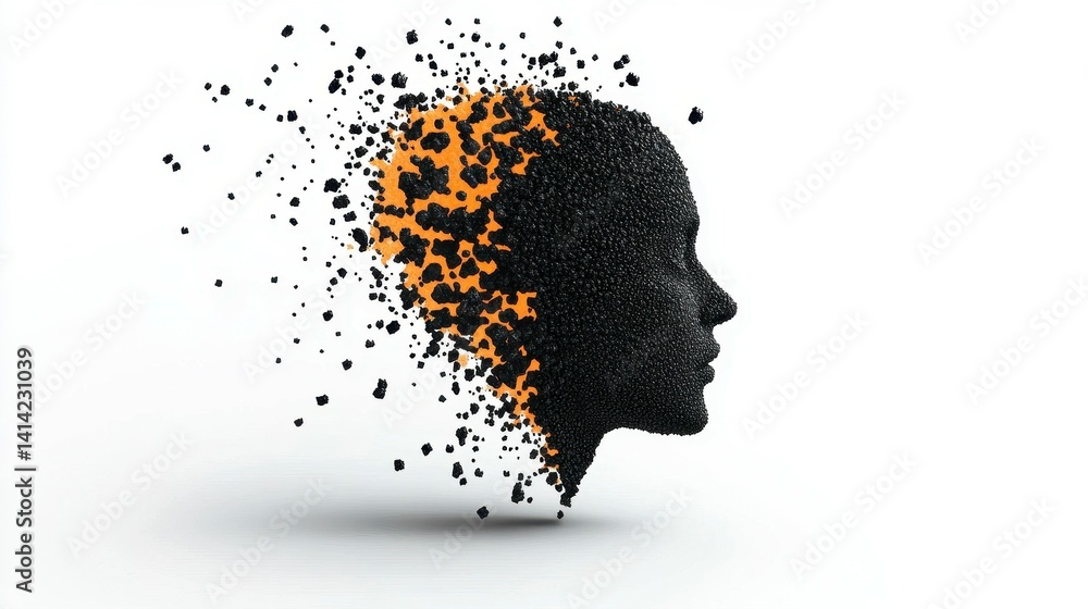 Poster abstract representation of a human face dissolving into particles, showcasing the interplay between 