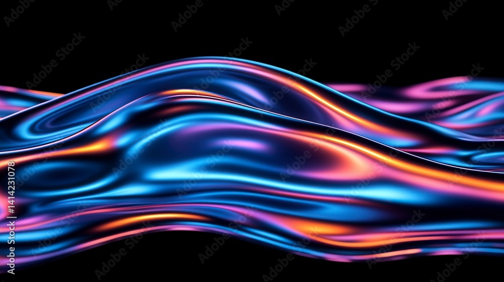 Poster colorful flowing waves of reflective material creating an abstract, dynamic landscape that evokes a 