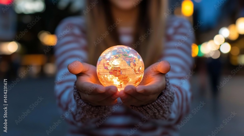 Aufkleber Person holding illuminated globe representing world with map detail at night with blurred background. Focus on glowing sphere emphasizing global connection and innovation
