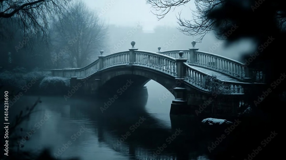 Fototapete stone bridge over a calm river in a misty landscape with trees in the background creating a serene a