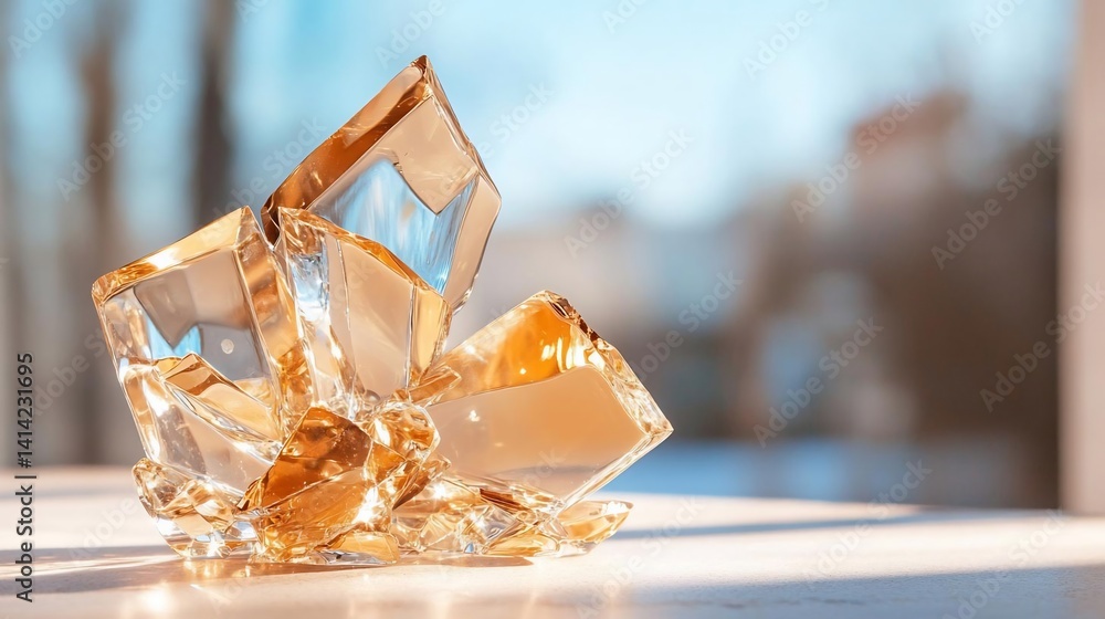 Aufkleber Generic crystalline structure with sharp angles reflects light against a blurred background evoking a sense of luxury and elegance. The object sits on a reflective surface with hints of blue and