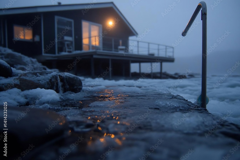 Poster a waterside cabin under a dim sky featuring icy textures and a tranquil atmosphere. a building is pl