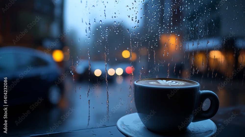 Poster a cup of coffee sits near a window with raindrops blurred street lights in the background creating a