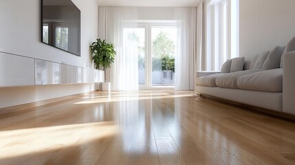 A bright and airy interior features polished wooden floors a white sofa and sheer curtains that open to a sunlit balcony. Natural light floods the room enhancing the modern minimalist design