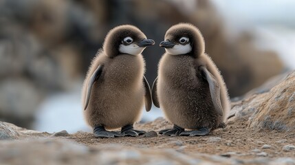 Adorable penguin chicks in natural habitat - fluffy and curious