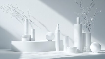 Minimalist white skincare bottles on modern display with natural lighting and shadows