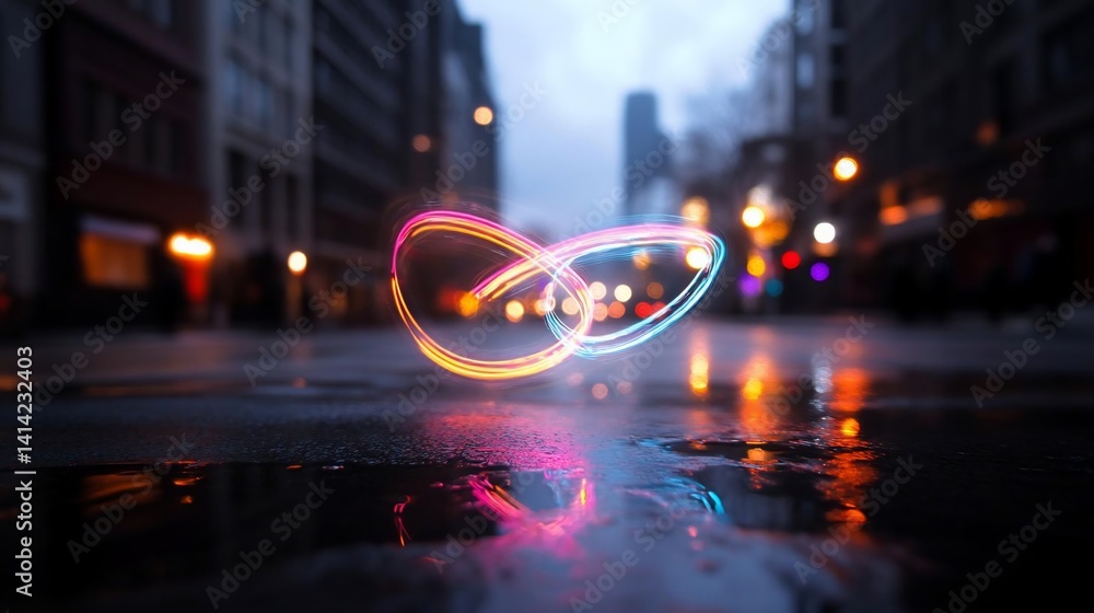 Poster abstract glowing light circles over a wet city street with reflections and blurred background lights