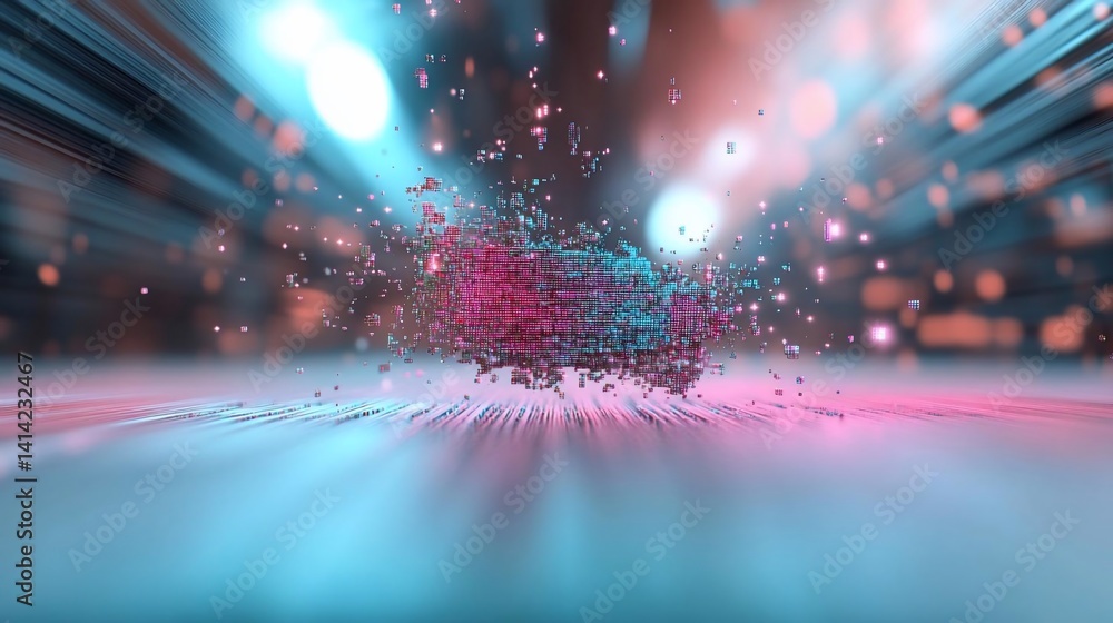 Fototapete Abstract digital art with pixelated structure glowing in vibrant cyan and magenta hues.  Features blurred bokeh elements adding depth and a futuristic atmosphere