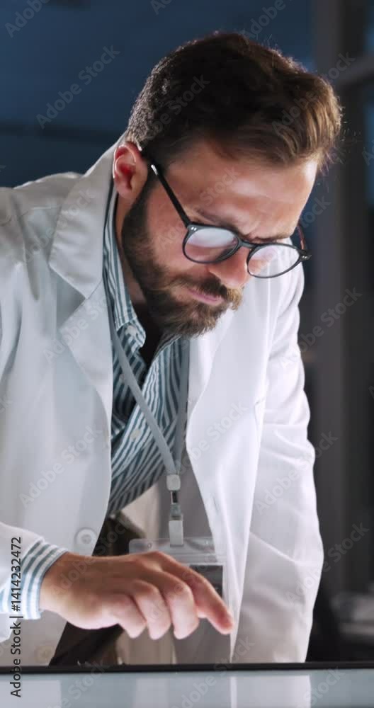 Aufkleber Lab, scientist and man with interactive display, research or analysis on website or gene sequence. Clinic, medical professional and person with tech for forensic science, online or review of evidence