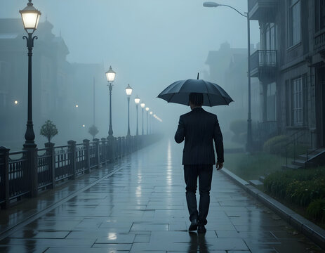 Man Walking with Umbrella on Wet City Street in Rain
