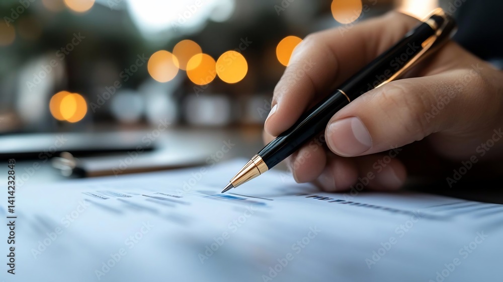 Poster close-up of a hand writing on a document with a pen focus on the pen tip and paper details blurry ba