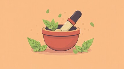 Herbal medicine concept: mortar and pestle with fresh green leaves