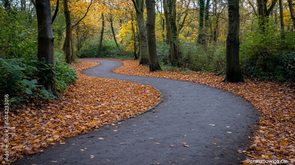 Leinwandbilder winding pathway through autumn forest with fallen leaves. trees line the path creating a natural tun