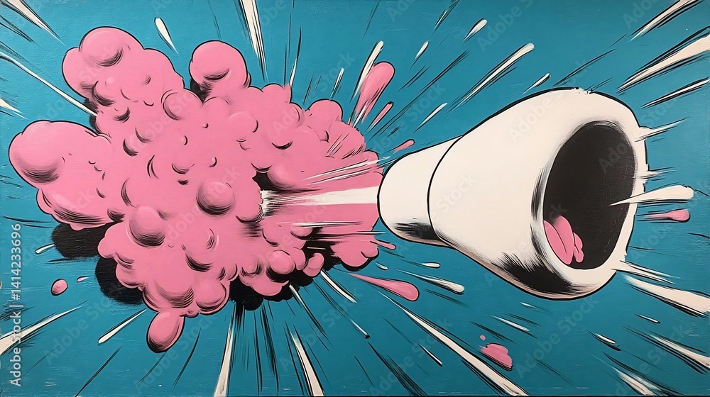 Aufkleber Abstract illustration of a megaphone emitting a pink cloud like shape with sharp edges against a teal background