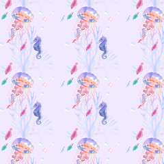Delicate watercolor pattern with blue jellyfish