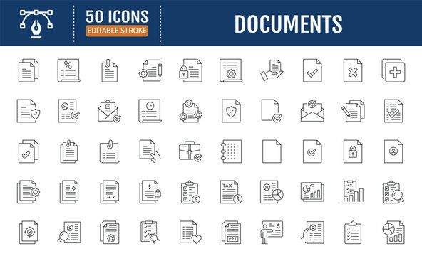 Documents line editable icons set. Containing Agreement, Certificate, Chart, Clipboard, Config, Data, Download, E-Mail, File, Image, Law, Report and more. Vector Illustration