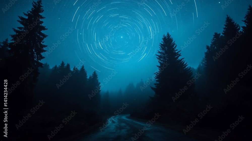 Aufkleber a mesmerizing nighttime scene featuring a star trail effect above a misty forest road. silhouetted t