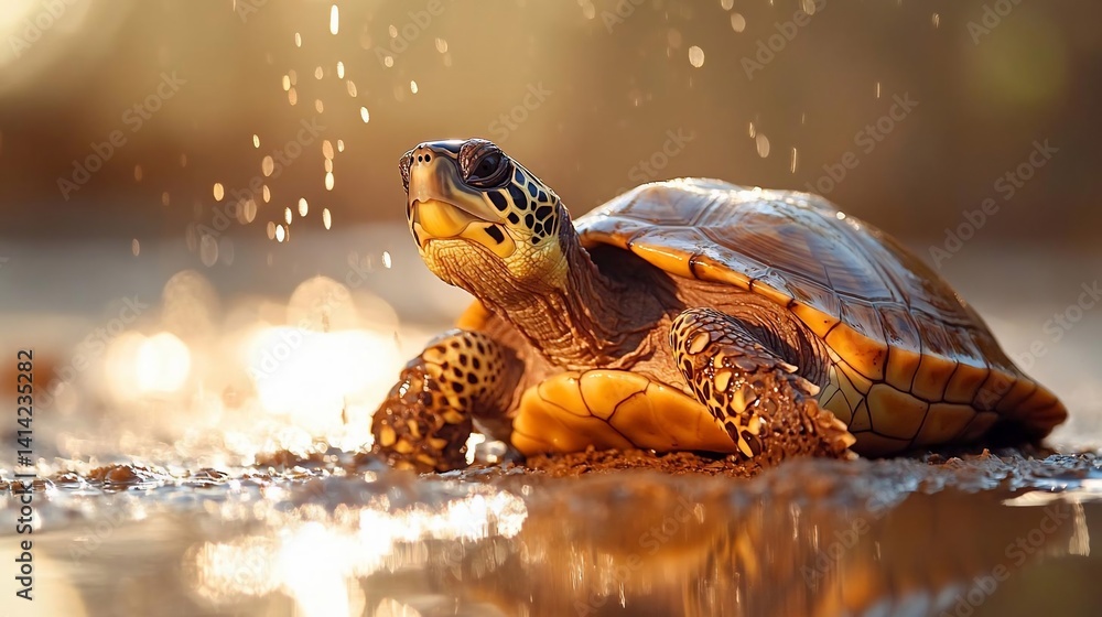 Poster A close-up view of a turtle on wet ground illuminated by warm sunlight and bokeh effects evoking a sense of tranquility and natural beauty