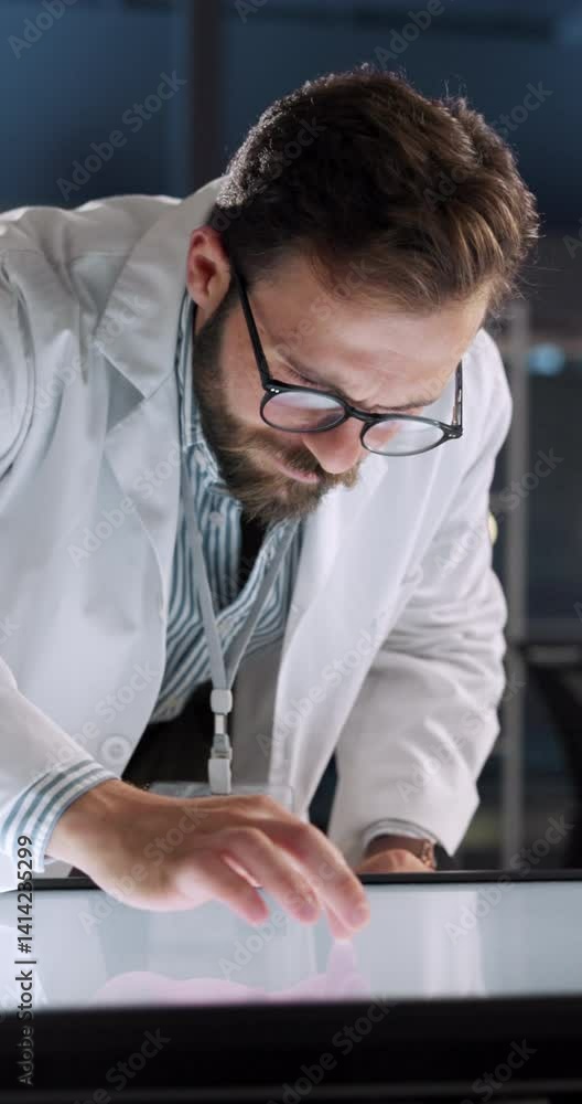 Leinwandbilder Lab, research and scientist with interactive display, man or analysis on website or gene sequence. Clinic, medical professional and person with tech for forensic science, online or review of evidence