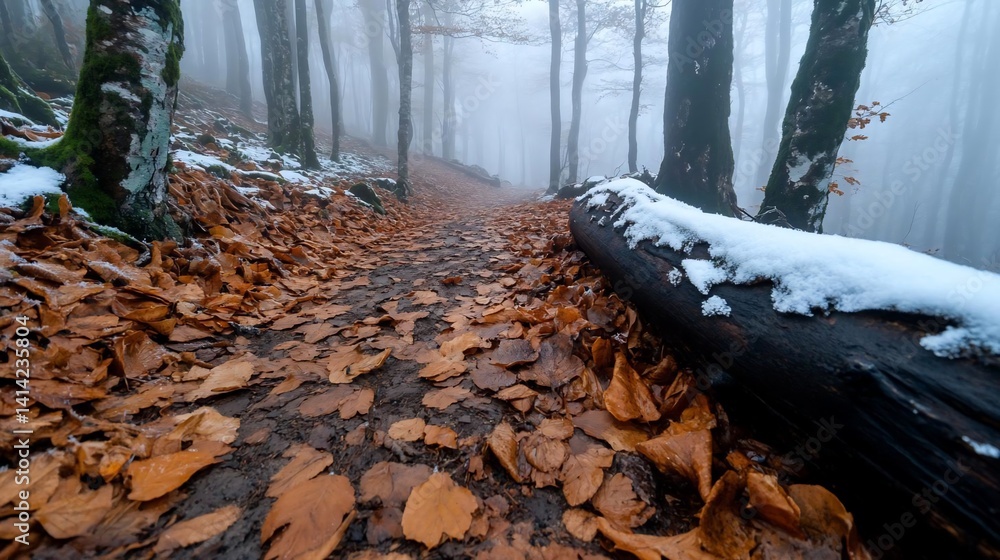 Aufkleber pathway through a foggy forest floor covered in fallen autumn leaves and patches of snow. a fallen l