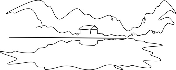 Continuous one line drawing house by the lake.Residential house on the lake shore.Mountain landscape.