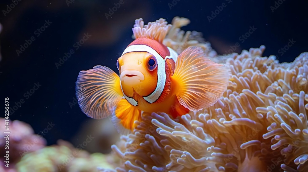 Poster a vibrant orange and white fish swimming in a coral reef. the fish has striking patterns and is surr
