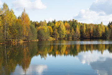 Fototapeta premium Autumn landscape with a lake and trees in the background. Golden autumn sunny day. Water surface with forest reflection in water. Parks and country recreation. Walks in the forest by the pond
