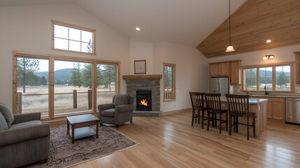 Modern open plan living room interior design with natural light and hardwood floors