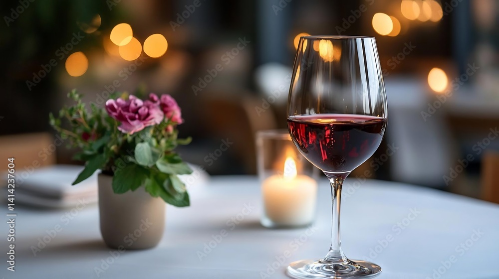 Poster elegant wine glass with red wine on a white table beside a small potted plant and a lit candle in a 