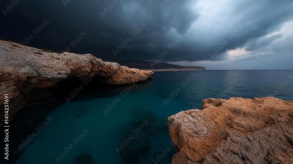 Aufkleber dramatic seascape featuring rocky cliffs and turquoise waters under a stormy sky. the image captures