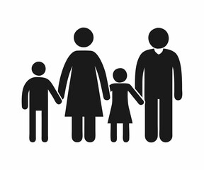 This graphic depicts a family of four—father, mother, and two children—in a simple, stylized icon format.
