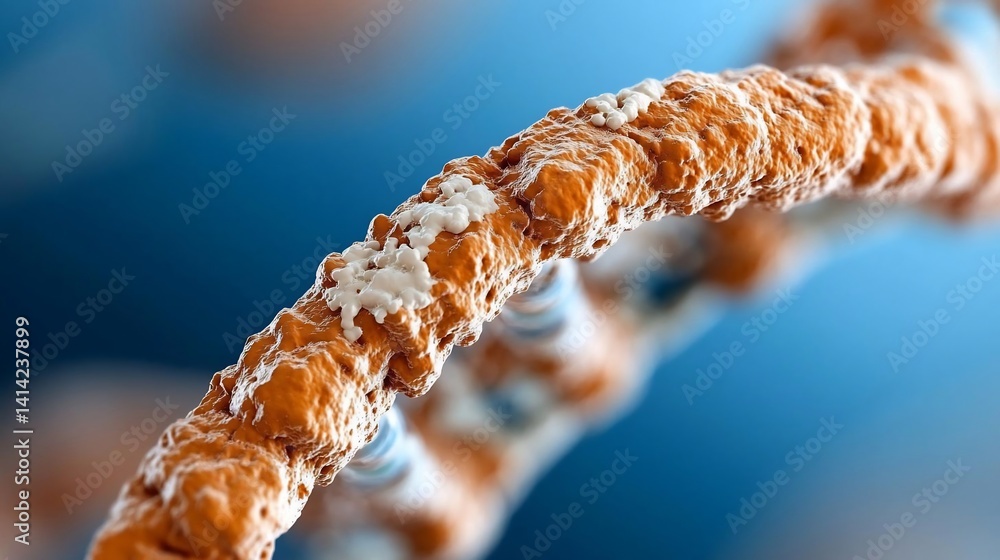 Poster Close-up macro view of an organic structure featuring textures with a light orange hue accented by white patches against a gradient blue background